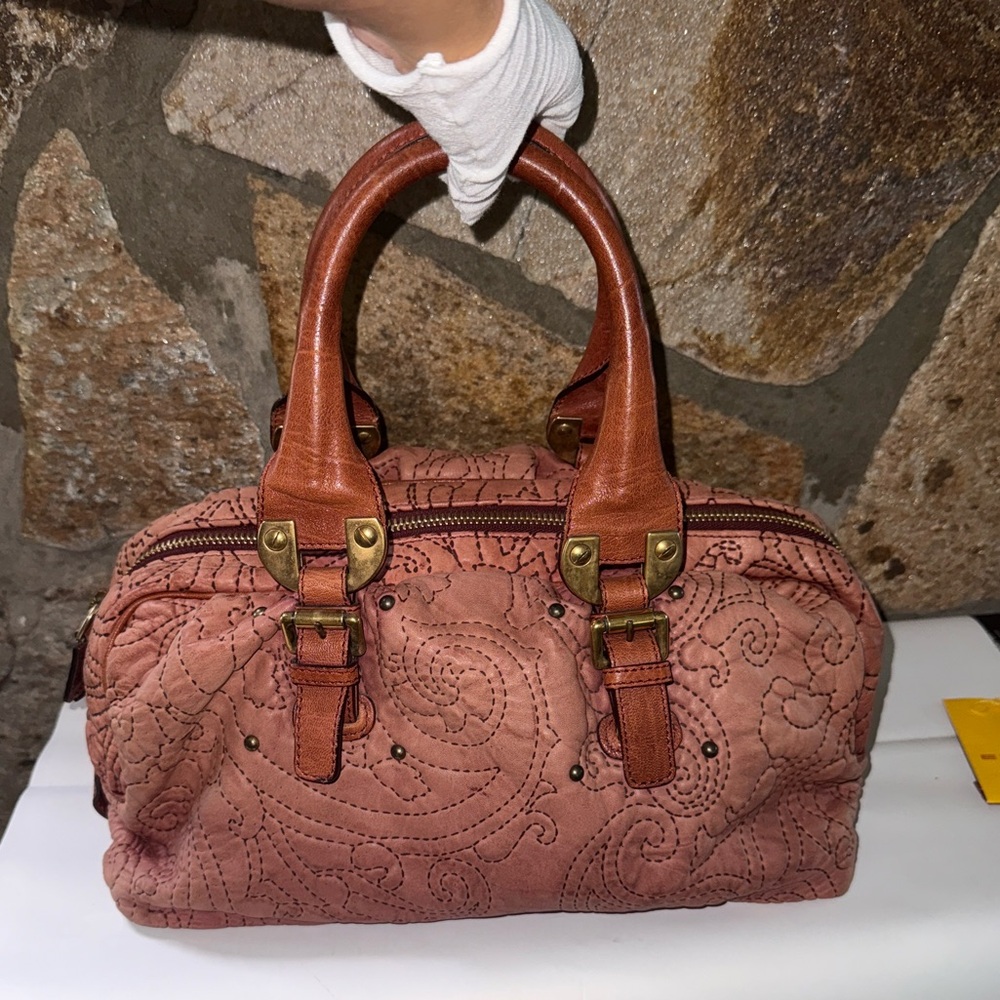 Etro Coral and Tan Embroidered Satchel - Picture 12 of 14